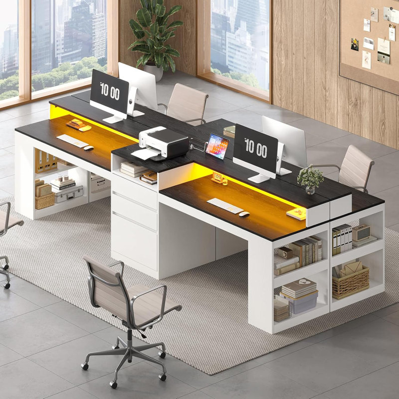 Bureau 96,6 po pour deux personnes avec lumières à DEL et prise de courant, bureau d'ordinateur double avec 3 tiroirs, poste de travail très long avec tiroir classeur pour bureau personnel, blanc