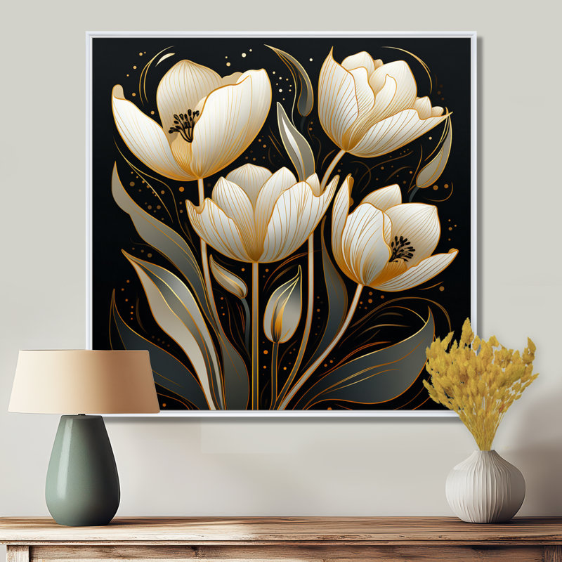 «White Glam Tulip», art mural noir, H 30 po x l 30 po x P 1 po, Toile encadrée flottée blanche