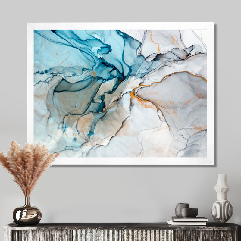 Luxry Blue and Grey Marble Art Ripples - impression sur toile, H 12 po x l 20 po, Impression encadrée, Blanc