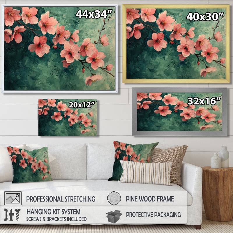 Fleurs de cerisier au réalisme vert printanier - art mural sur toile Cherry Blossom, H 34 po x l 44 po, Cadre flottant, Blanc