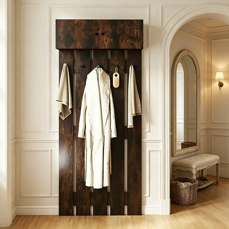 Wall Mounted Coat Rack with Storage Cabinet, Entryway Clothes Rack, Brown