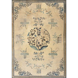 Rectangle Antique Floral Medallion Hand Knotted Pile Wool 1880s Ivory Beige Cream White Rug