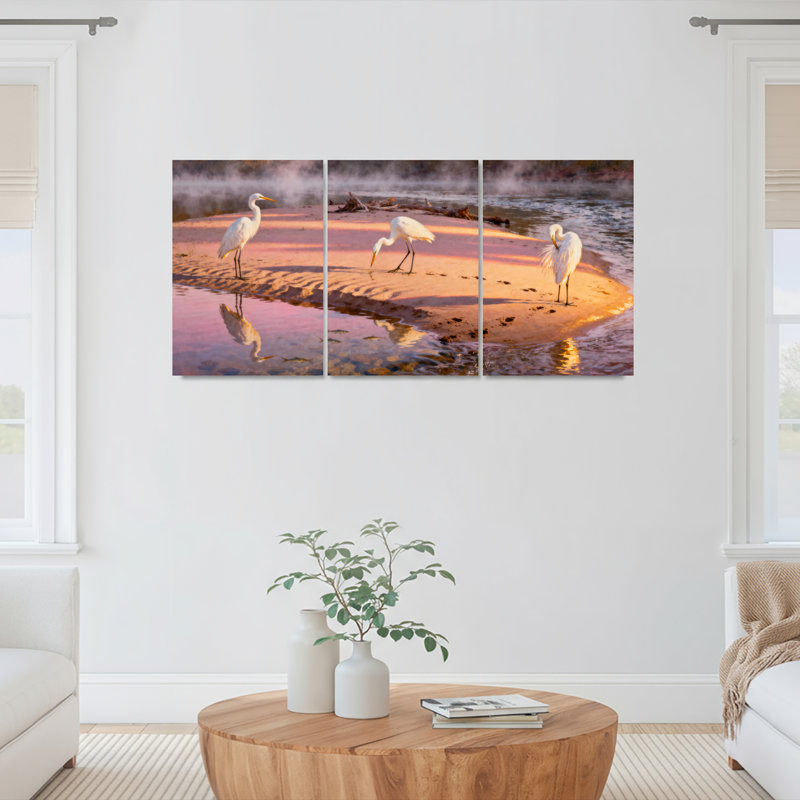 Ensemble de 3 toiles murales représentant des hérons blancs au coucher du soleil, H 18 po x l 36 po