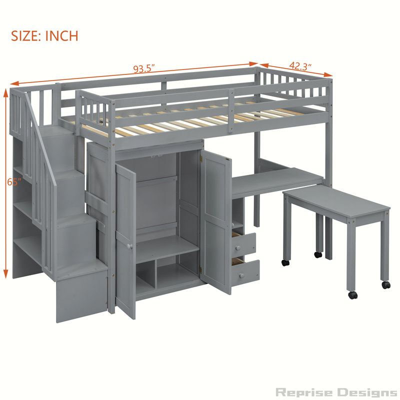 Desk & Wardrobe – Space-Saving Multifunctional Loft Bed, Grey, Twin