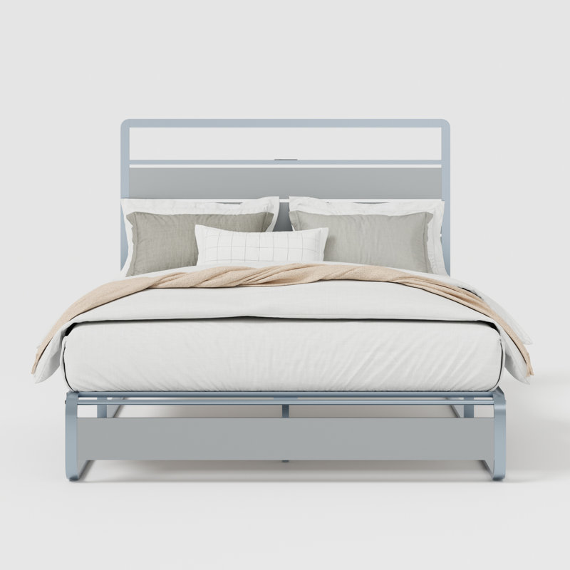 Queen Bed Frame with Storage Headboard and  LED Lights Metal Platform with Charging Station