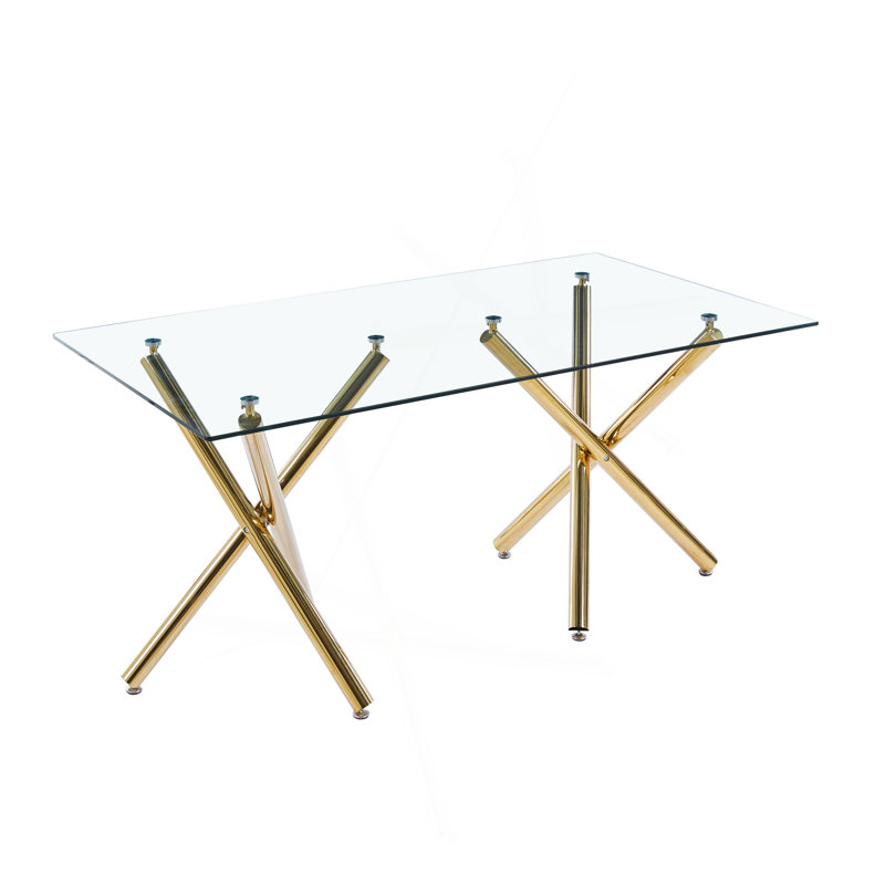 Table de salle à manger rectangulaire en verre trempé avec base double en acier inoxydable, design d'intérieur de salle à manger moderne, pour 6 personnes