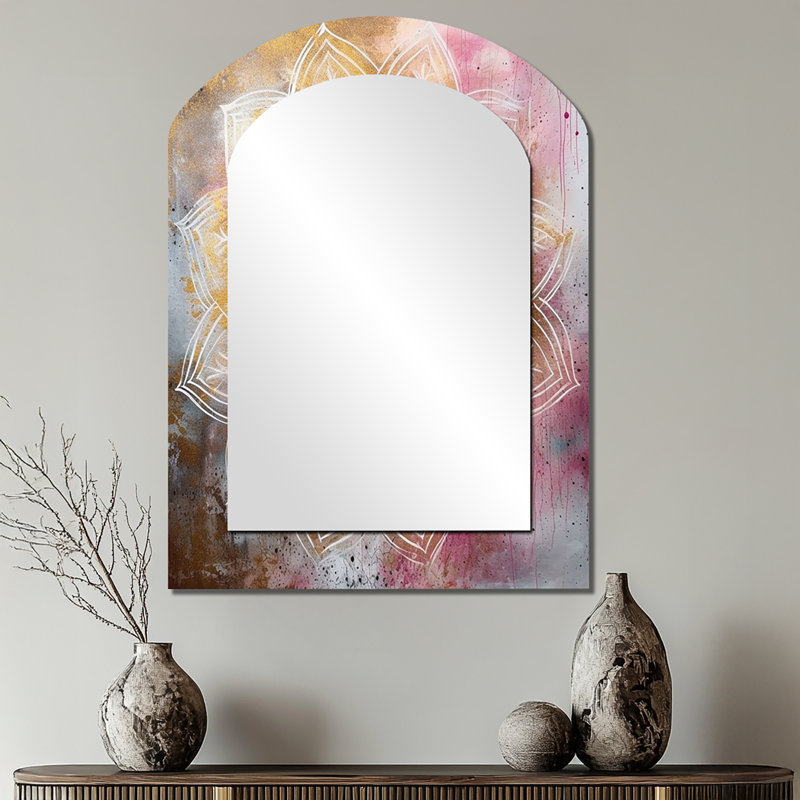 Rose Gold Mandala I - Boho Mandala Arch Wall Mirror, Traditional Asymmetrical Decorative Mirror, Printed Metal Art, 34" x 25"