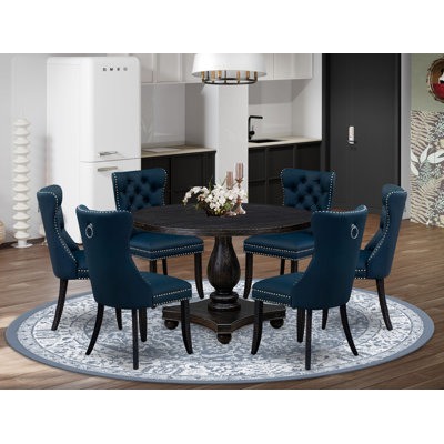 7 Piece Dining Table Set Consists of a 48" Round Table with Pedestal and 6 Navy Blue Faux Leather Padded Chairs, Sand Blasted Black