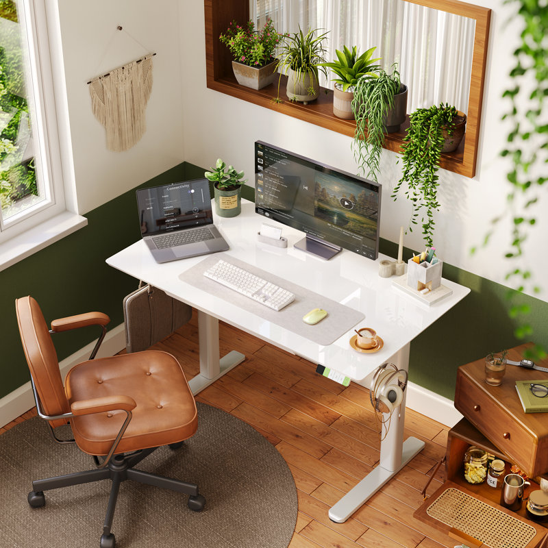 Ashya Ergonomic Glass Top Height Adjustable Standing Desk with Drawer and Hooks, 46.5" H x 48" W x 24" D, White