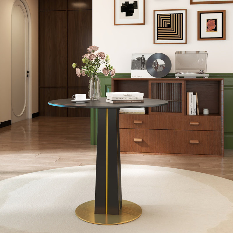 Table de salle à manger moderne avec pieds en bois noir et base en métal doré, Pandora White, Sintered Stone, Noir