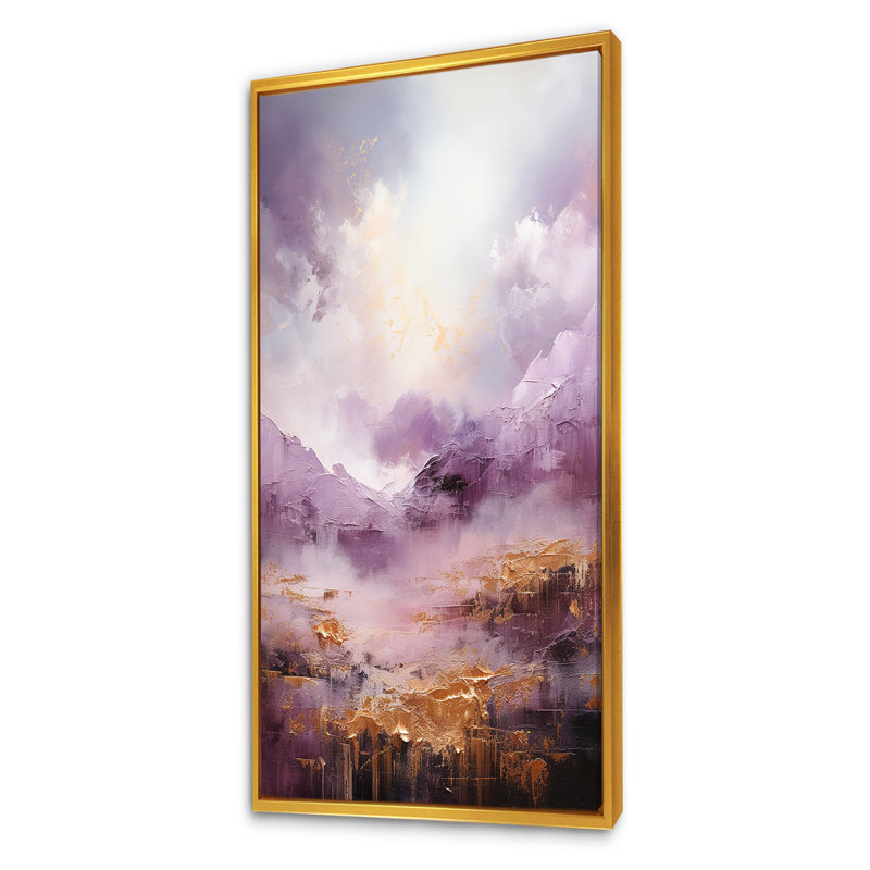 Purple And Gold Lake And Mountain V, Gold Floater Framed, 60" H x 28" W x 1.5" D