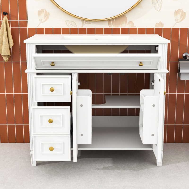 Bathroom Vanity with Sink, 3 Drawers and 2 Soft-Close Doors, White