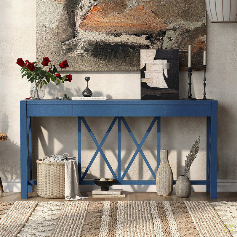 60''Acacia Veneer Console Table With 4 Spacious Drawers, Modern Crisscross Design Entryway Table With Open Bottom Storage,Farmhouse Sofa Table For Living Room,Kitchen,Dining Room,Hallway