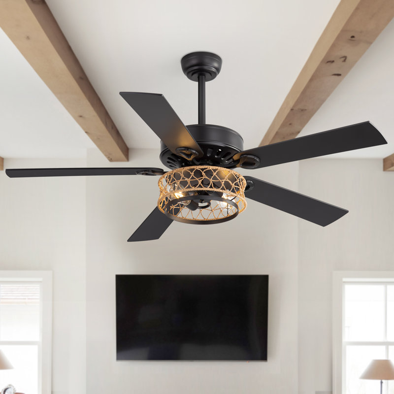 52" Farmhouse Ceiling Fan With Lights And Remote, Rustic Rope Cage Ceiling Fan With 5 Wood Blades, Reversible Motor, Handwoven Rope Light Fixture For Bedroom, Living Room, Dining Room