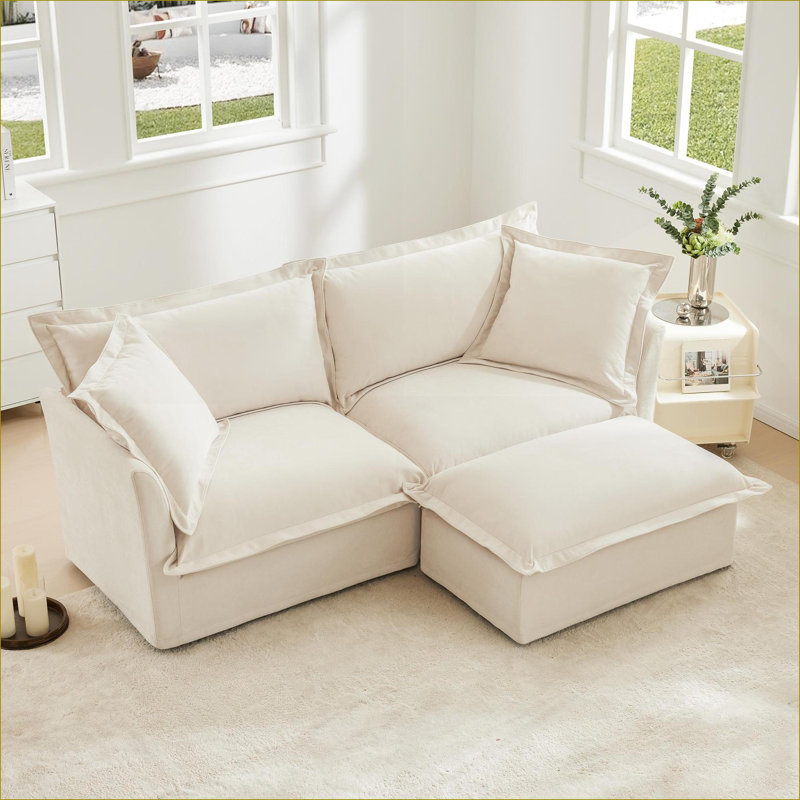 Petit canapé modulaire en L avec repose-pieds convertible 2 places pour salon | Chenille | Crème, Chenille crème