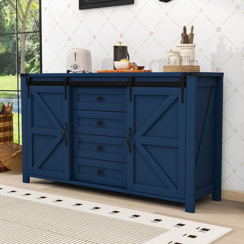 Rustic Farmhouse Sideboard Buffet Cabinet with Sliding Barn Doors, 4 Drawers and Built-In Power Outlet, Navy Blue
