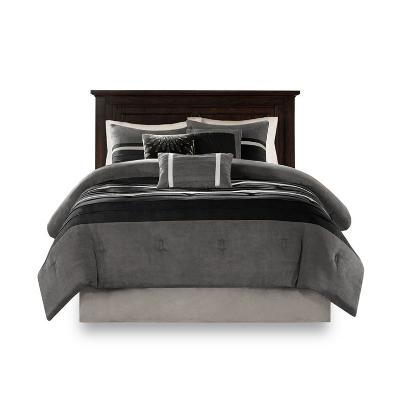 Édredon 7 pièces en faux suède double - noir 3 coussins décoratifs avec différents motifs lavables et froissables à la machine