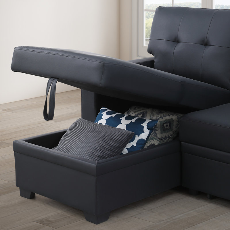 Convertible Upholstered Sectional Sofa with Pull-out Chaise, Right Hand Facing, Black Linen