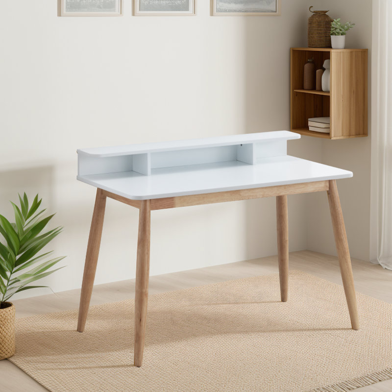 Roskilde Mid-Century Modern Wood Writing Desk With Hutch, White/Natural, 34.4" H x 43" W x 23.6" D