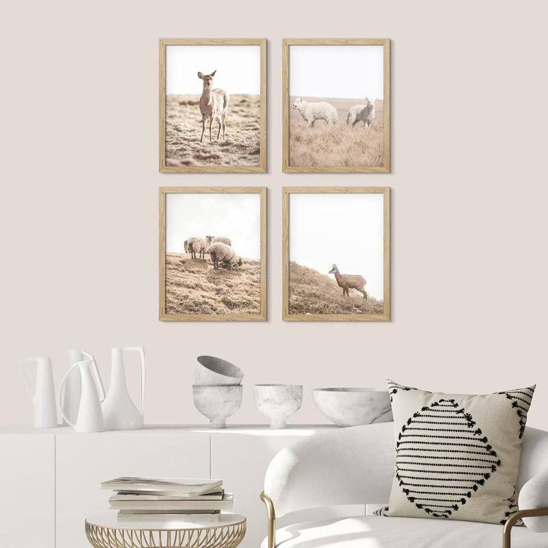Ensemble de 4 reproductions murales encadrées "Country Field Sheep & Deer", impression encadrée sur papier, 4 pièces, Naturel