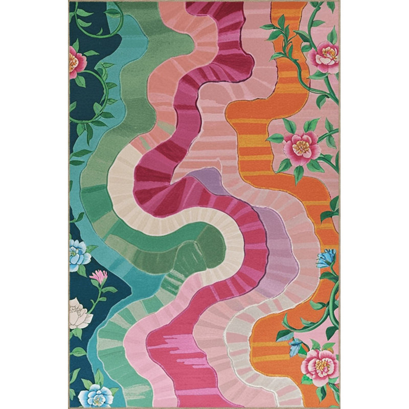 Paris Collection Multicolor Wavy Details and Floral Pattern Creative Modern Decorative Machine Washable Rug
