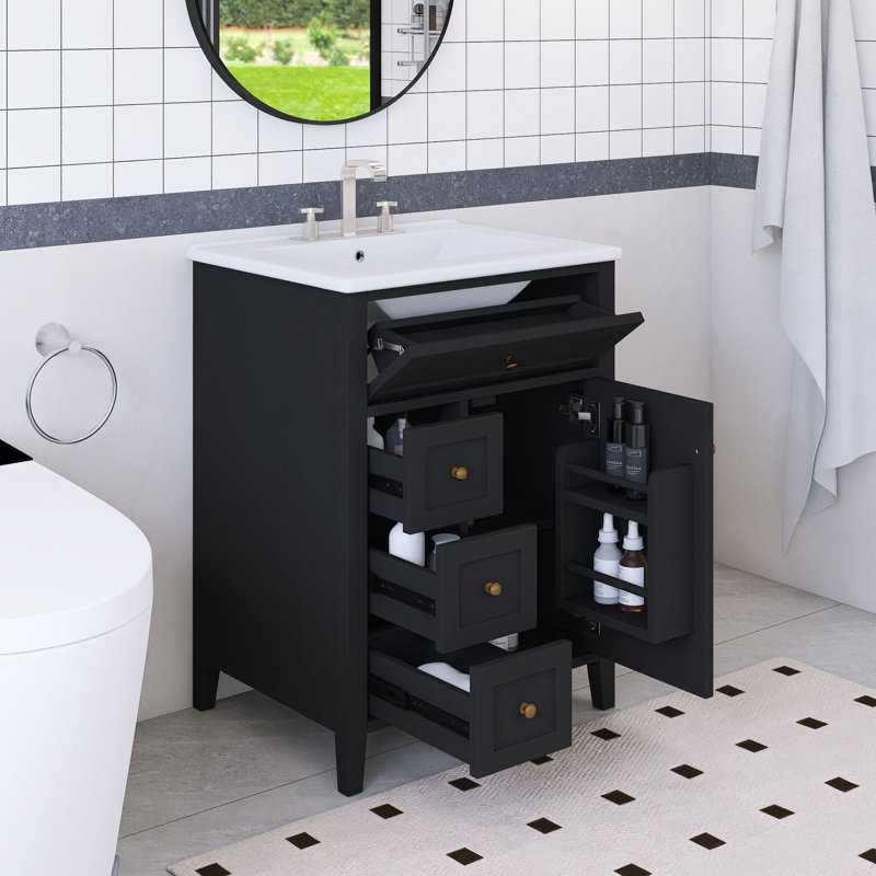 Ensemble de meuble-lavabo autoportant 24 po avec comptoir en céramique 24 po, Noir, Doré
