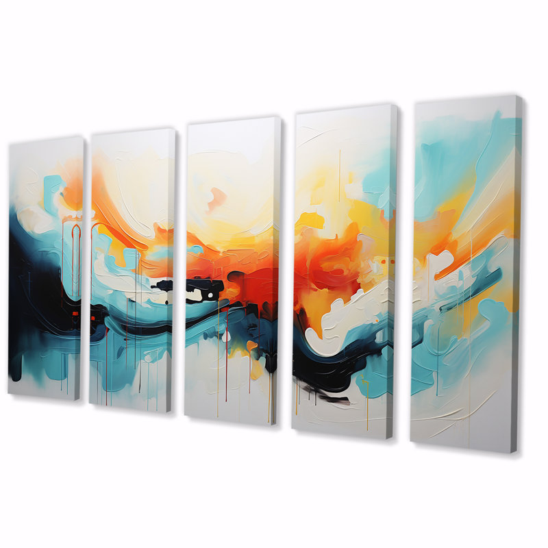 "Vagues abstraites colorées bleues et oranges II", 5 pièces, H 32 po x l 80 po
