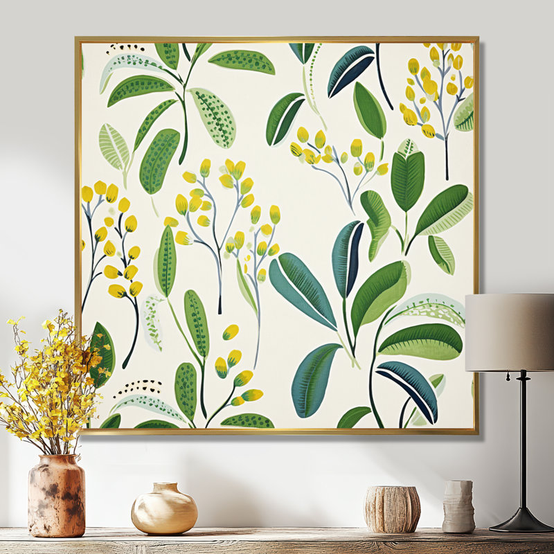 «Blossoming Retro Spring Foliage - Leaves», art mural, Toile avec cadre flottant or, H 30 po x l 30 po x P 1 po