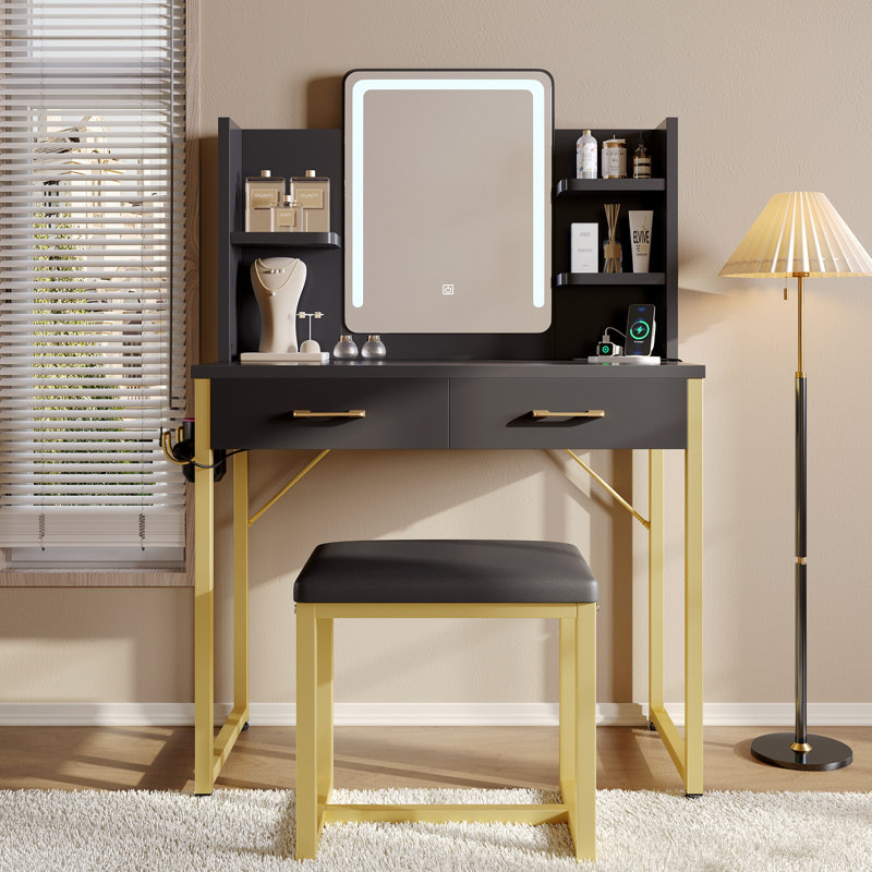Paradis 31.5" Makeup Vanity with USB Power Outlet & 2 Drawers, Black