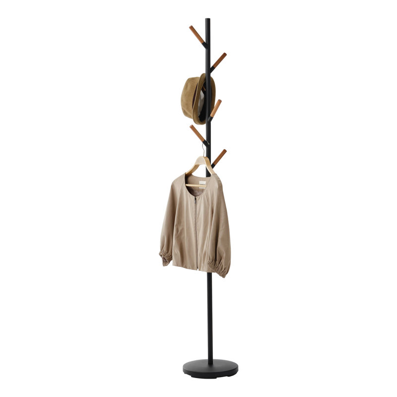 Sleek Yamazaki Black Freestanding Coat Rack with Wood-Tipped Hooks