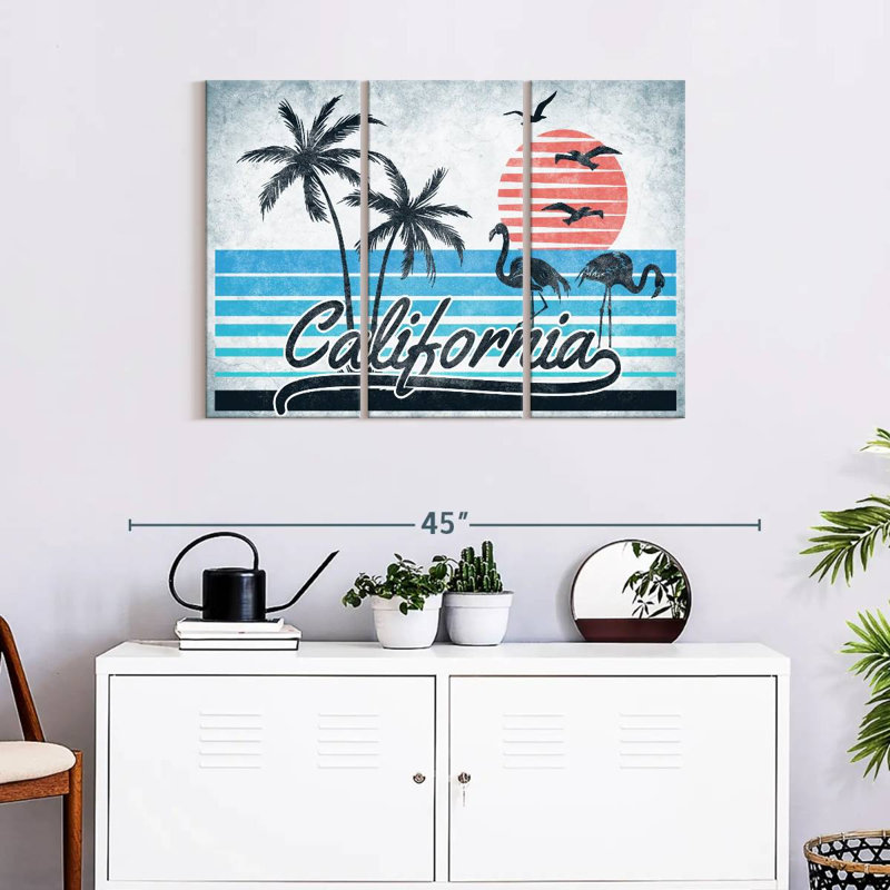 «Tropical Beach Retro California Sign», ensemble de 3 impressions sur toile par Retro Revival, H 24 po x l 38 po x P 1,25 po