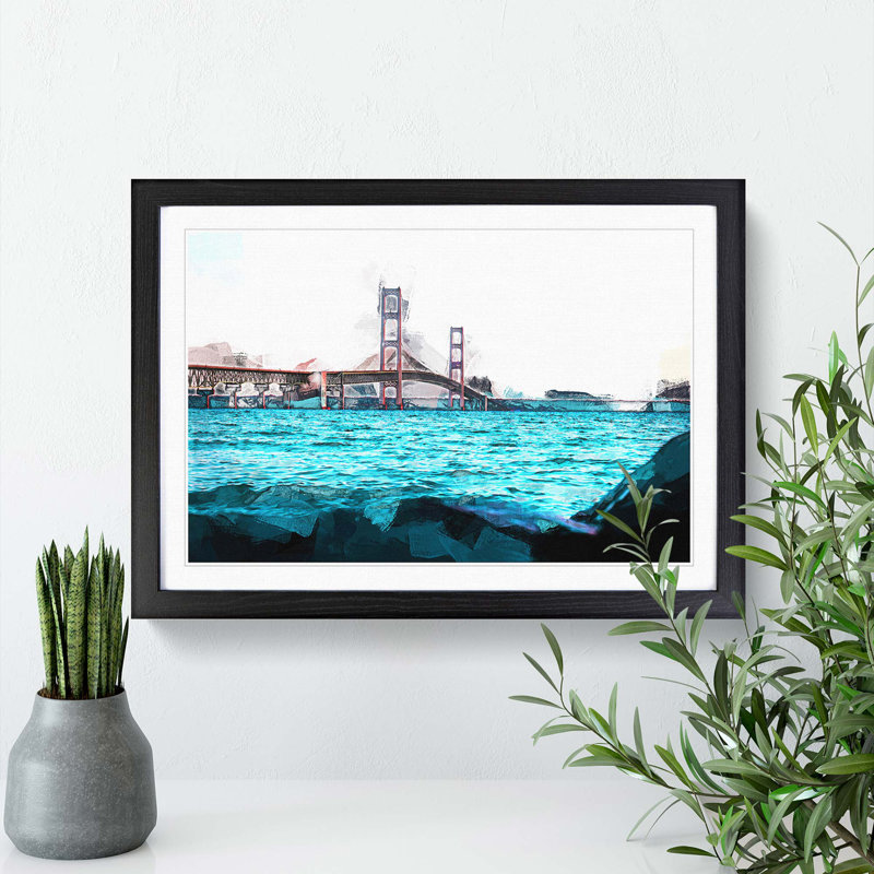 Mackinac Bridge in Michigan in Abstract - Picture Frame Graphic Art Print, Black, 40cm H x 60cm W x 2cm D