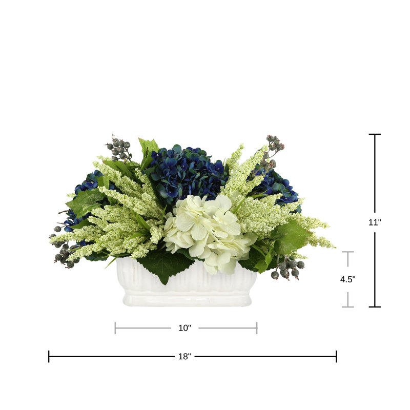 Arrangement de hortensias et bruyère Allan, Bleu foncé/blanc