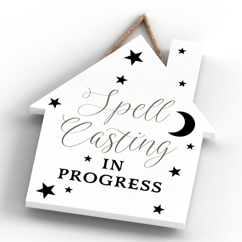 Witch Spell Casting Wooden House Plaque, White