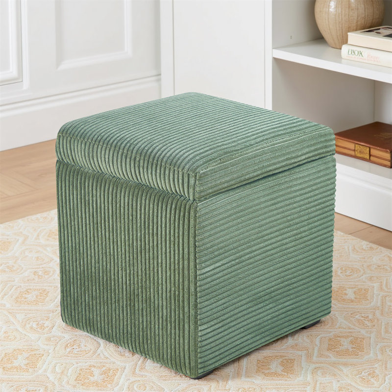 Corduroy Cube Ottoman Foot Rest With Hidden Storage – Small Square Storage Ottoman Bench For Bedroom Or Living Room, Green