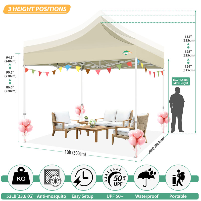 118'' W x 118'' D  Heavy Duty Pop Up Canopy Tent with 4 Sidewalls, Commercial Gazebo Party Tent, Khaki