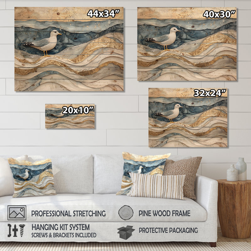 Mouette en marbre moderne sur la plage - Décoration murale en bois de mouette - sur bois de pin naturel