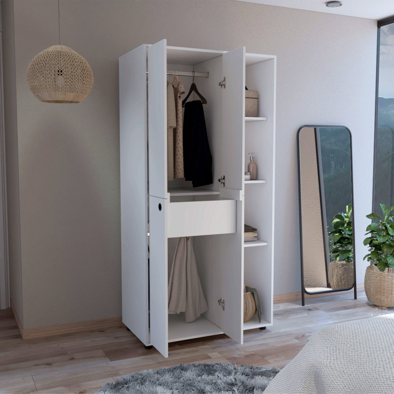 Armoire-penderie avec porte double, tiroir, tringle et tablettes ouvertes, Blanc