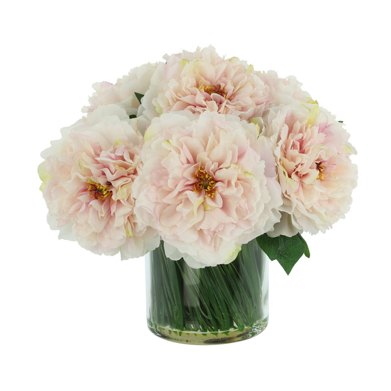 Faux Peony Arrangement in a Glass Vase, Light Pink
