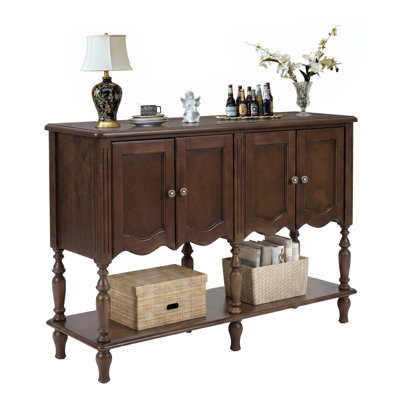 47.2" Storage Cabinet with 4 Doors, Real Wood Veneer Finish, Open Bottom Shelf, Adjustable Levelers, for Living Room & Entryway