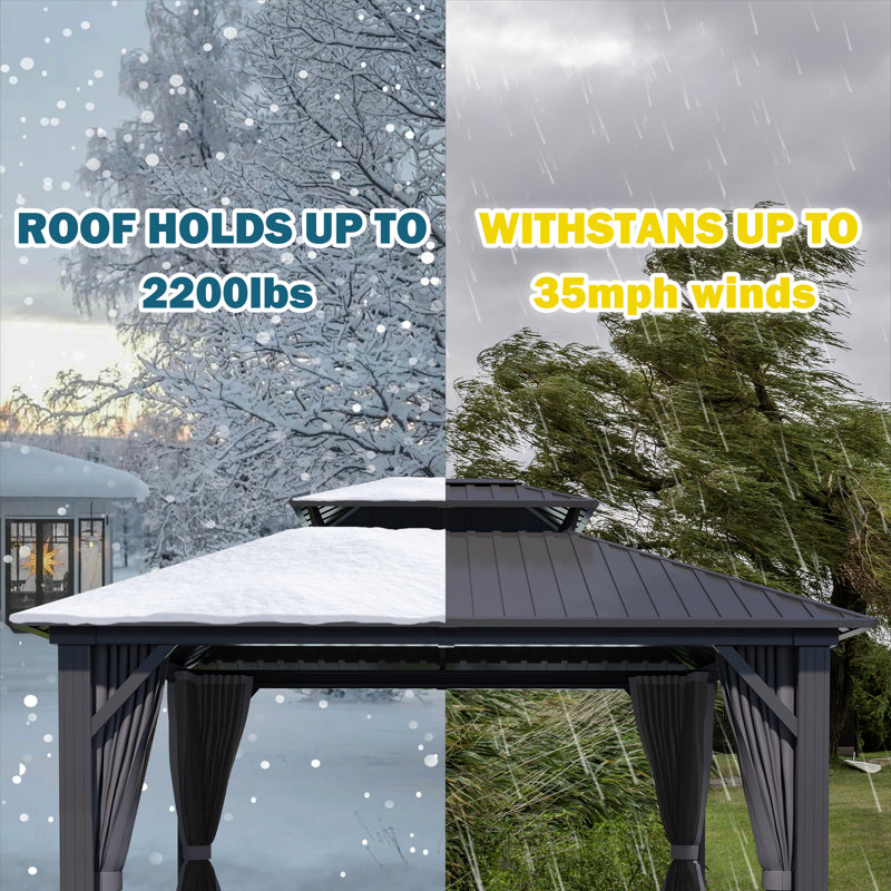 Outdoor Aluminum Patio Gazebo, Galvanized Steel Hardtop Gazebo with Privacy Curtain and Mosquito Netting, 12 Ft. W x 14 Ft. D