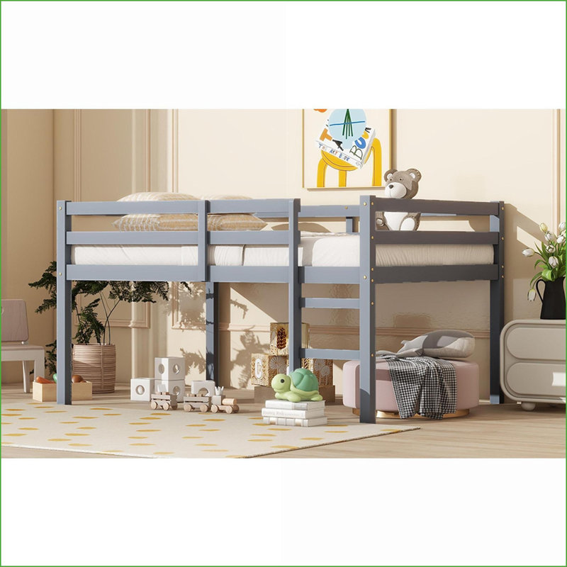 Lit mezzanine double en bois d'hévéa - capacité de 400 lb, aucun sommier nécessaire, gris pour la chambre à coucher