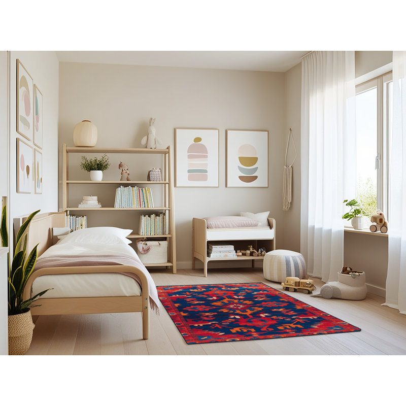 Tapis bleu Tabriz lavable à la machine, Rectangulaire 3 pi x 5 pi