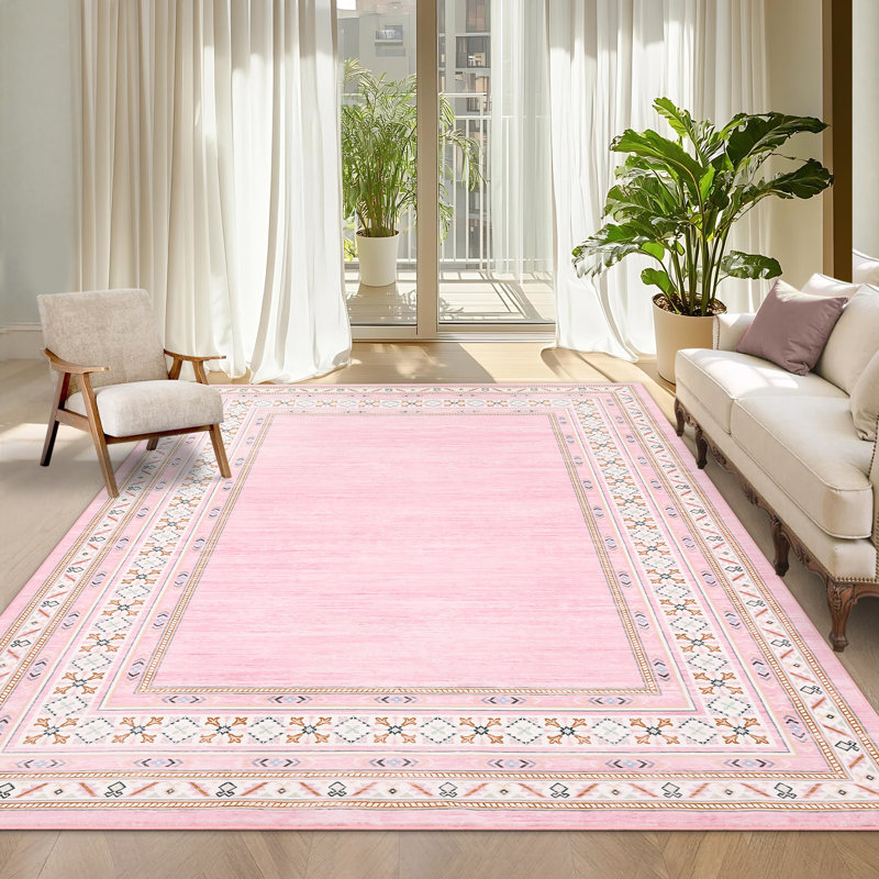Washable Area Rug Modern Bordered Rug Non Slip Floor Carpet,Soft Non Shedding Neutral Rugs for Kitchen Bedroom Living Room
