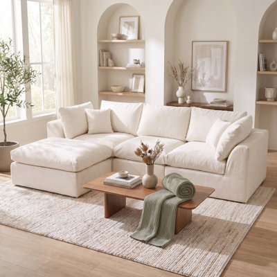 108" Cloud L-Shaped Modular Sectional Sofa, 2 Washable Cover Sets with Ottoman, Oversized Deep Seat Living Room Couch for DIY Colour Switch, Boneless Style (White & Grey)