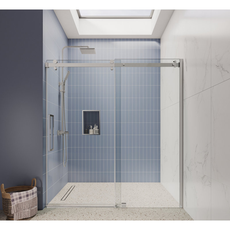 62" - 66" W x 75” H Frameless Single Sliding Glass Shower Doors | 3/8” Thickened Clear Tempered Glass | Leak-Proof | Durable Stainless-Steel Hardware | Adjustment Uneven Walls
