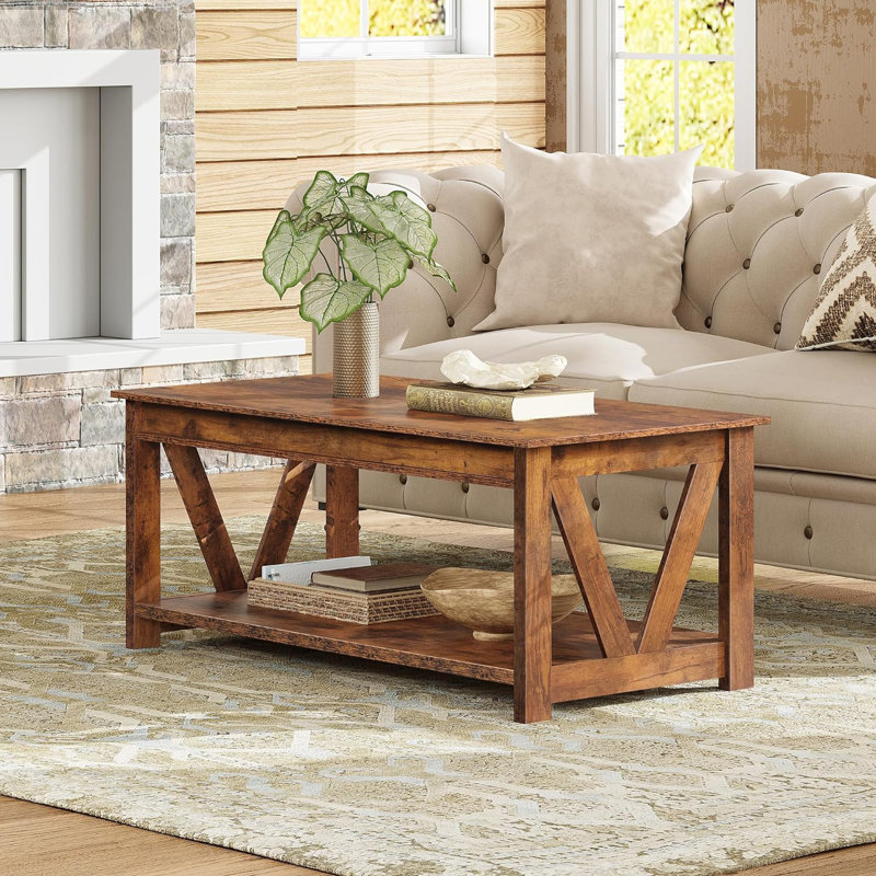 Table basse Eoghan Farmhouse avec tablette de rangement, table basse carrée en bois rustique avec base en X pour le salon