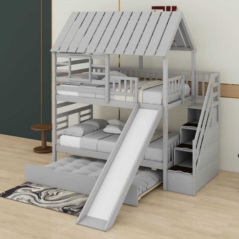 Twin Over Twin Bunk Bed With Trundle, Gray