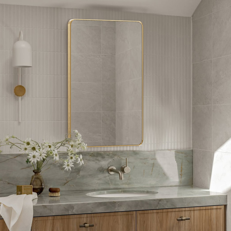 Bathroom Mirror, Brushed Aluminum Alloy Frame Vanity Rounded Rectangle Wall Mirror For Bedroom, Living Room, Hanging Or Leaning Horizontal Or Vertical