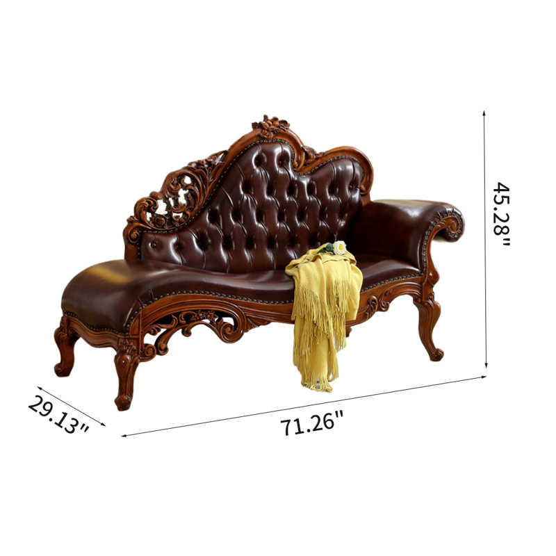 Chaise longue rembourrée en bois massif de style européen, Accoudoir à droite (vu de face), Cuir véritable brun